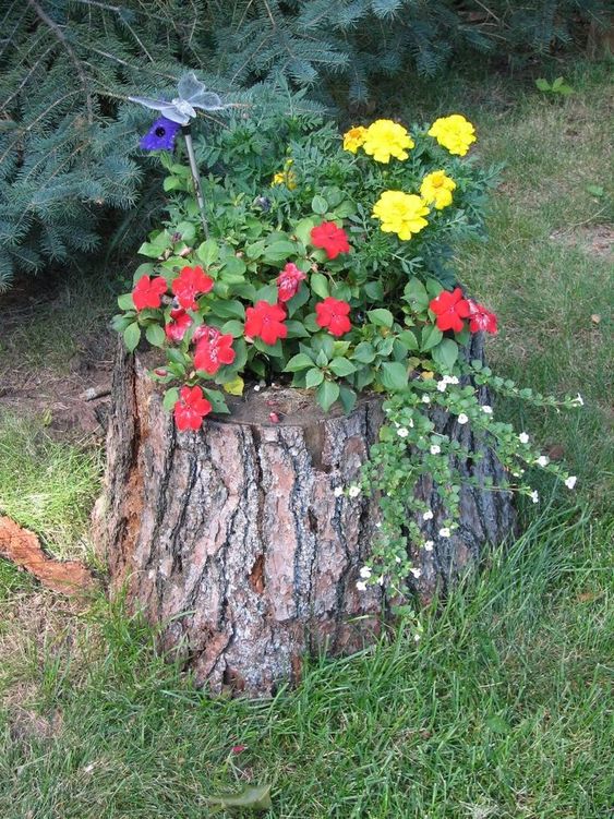 a tree stump with greenery, red and yellow blooms and some smaller green cascading branches with white flowers is adorable