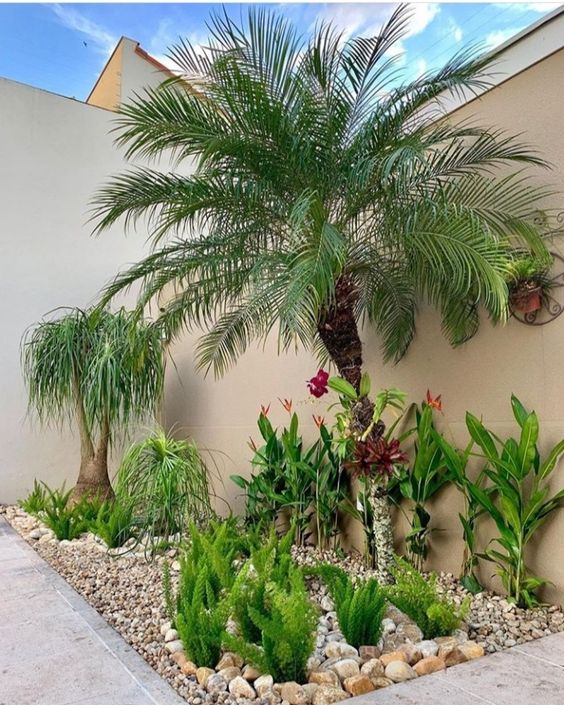 a tropical corner garden with some greenery, blooms and tropical trees is a cool solution for a front or backyard