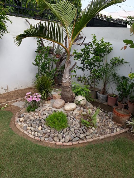 a tropical corner garden with trees, greenery and blooms plus pebbles and rocks on the ground to refersh the space