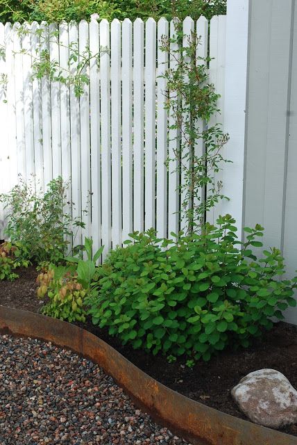a white wooden fence lined up with a raised garden bed with rocks and greenery are always a good idea