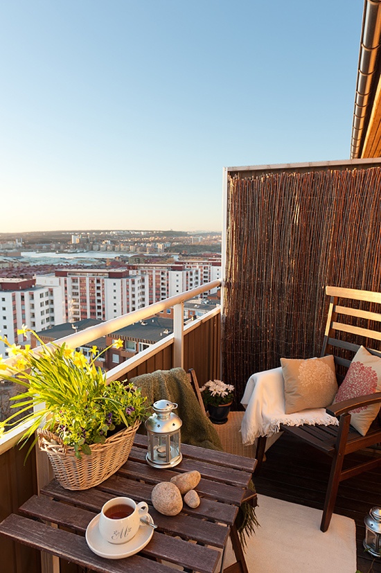 spring bulbs in a basket and some pillows with botanical prints are perfect to make your balcony feel spring-like