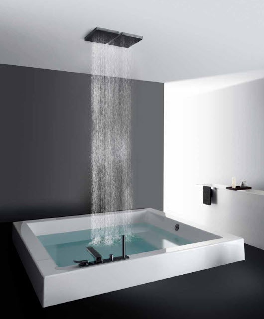 a contemporary to minimalist bathroom in grey, black and white, with a square bathtub and a rain shower is a lovely and cool idea