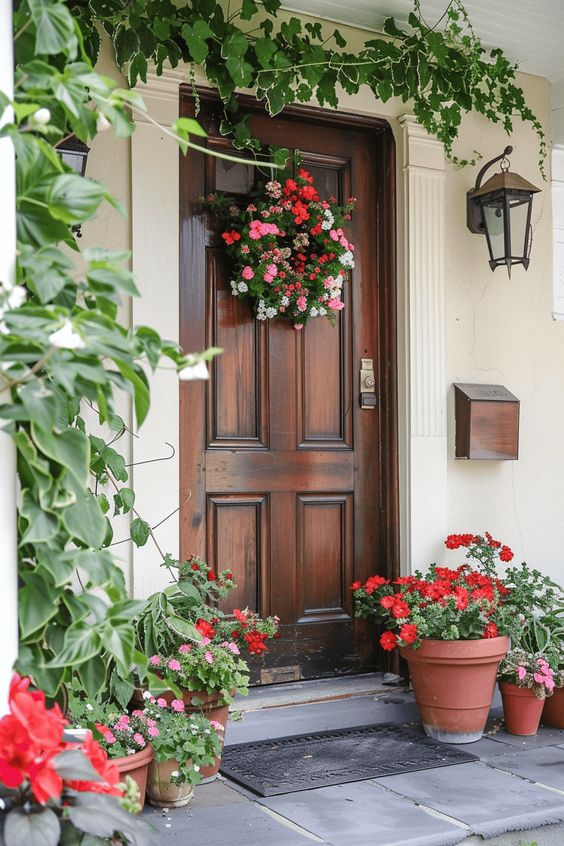 Green vines climbing over the wall, with potted blooms and a floral wreath on the door make up a lovely and cute porch.