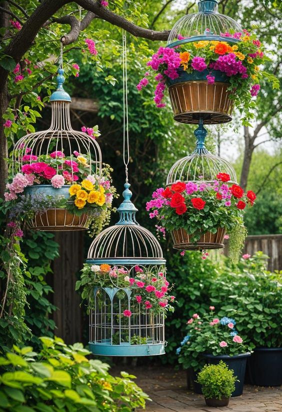 hanging planters in cages and with extra bold blooms are always a good idea to style your secret garden look