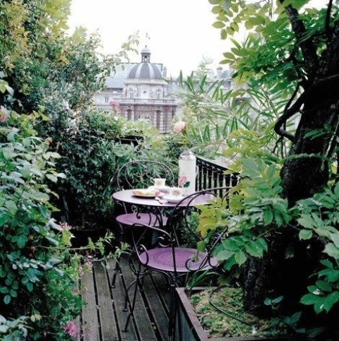 a small balcony that feels like a whole garden thanks to living greenery walls and potted plants plus a bit of furniture in the center of this lush greenery