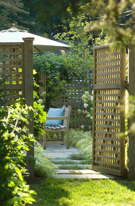 stained trellis fence and gate covered with greenery and white blooms create a very pretty secret garden space