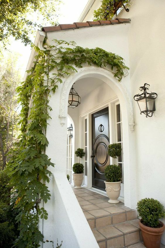 An elegant porch with a roof and an arched entrance, with climbers going up and green topiaries to frame the door.