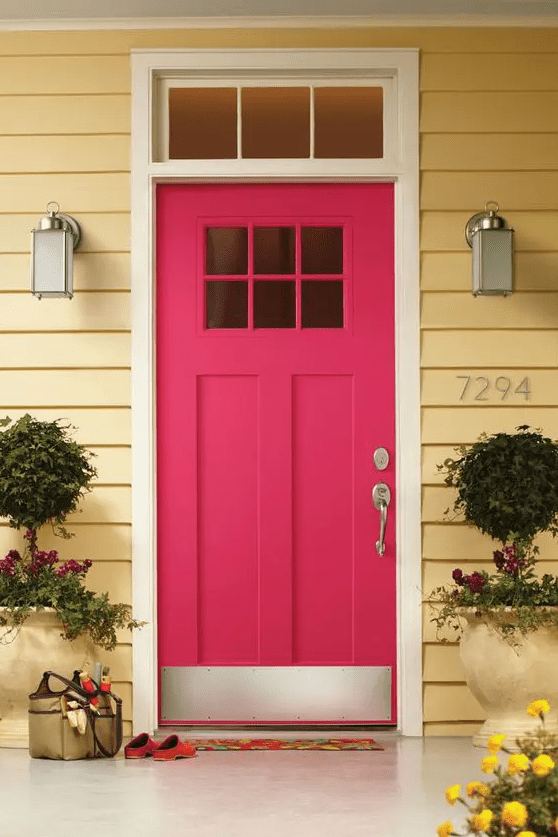 a modern pink front door with glass panes, potted blooms around for a lovely and bright entrance to the house