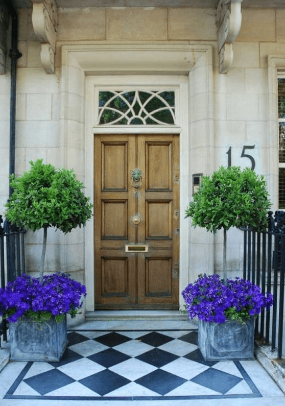 vintage box planters with bright purple blooms and trees plus a neutral wooden door