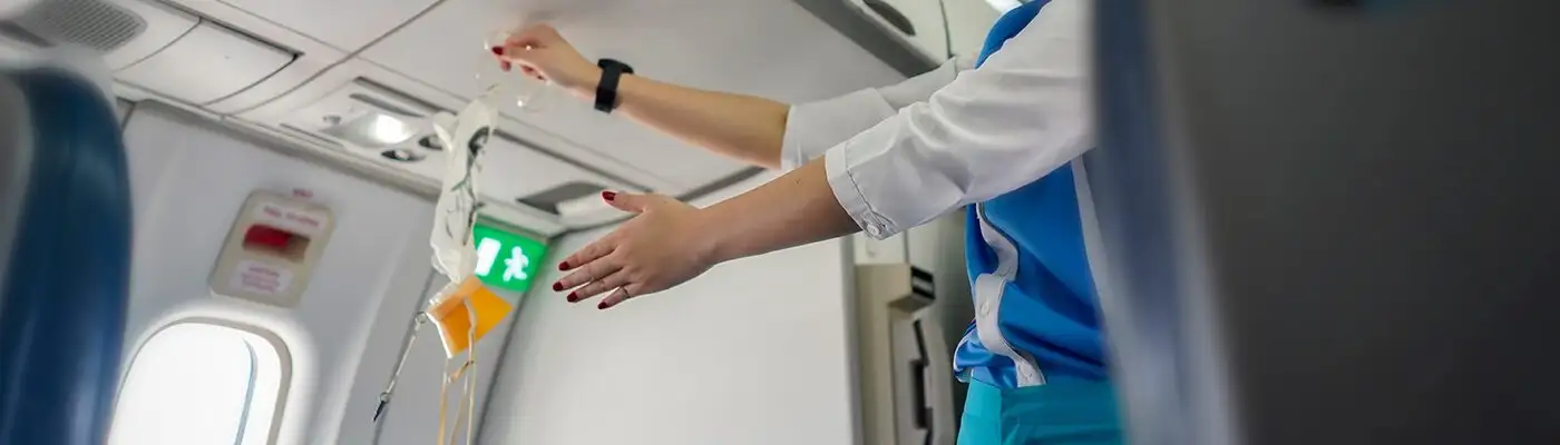 Aeroflot shows how to use an oxygen mask on board, Air hostess demonstrate safety procedures to passengers prior before airplane flight take-off,banner for website