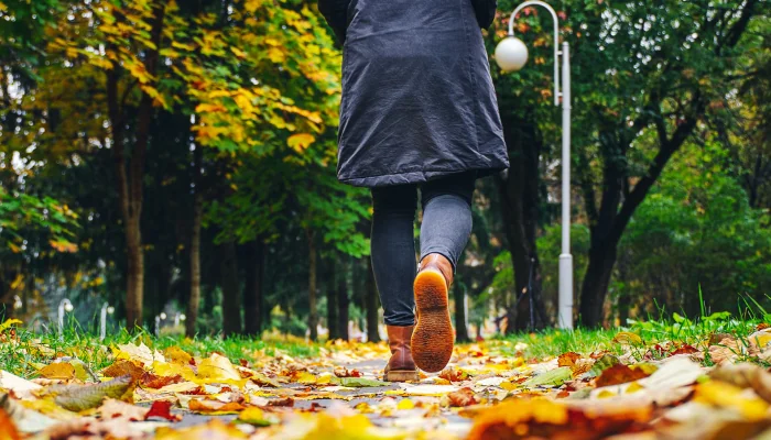 A woman in black jacket walking in a park along the sidewalk strewn with fallen leaves. The concept of turnover seasons. Weather background