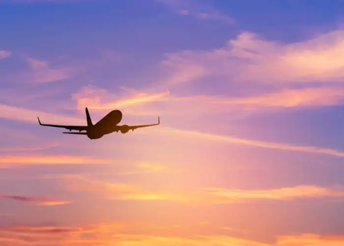 Silhouette of plane flying against a pink and purple dawn sky