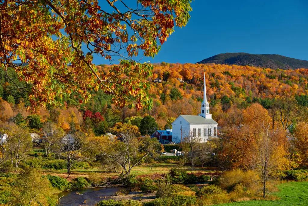 Fall foliage and church in Stowe, Vermont