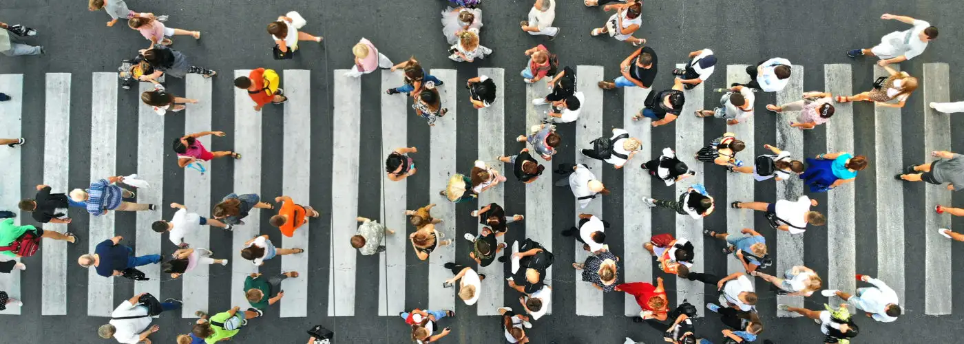 Aerial view of pedestrians in a crosswalk