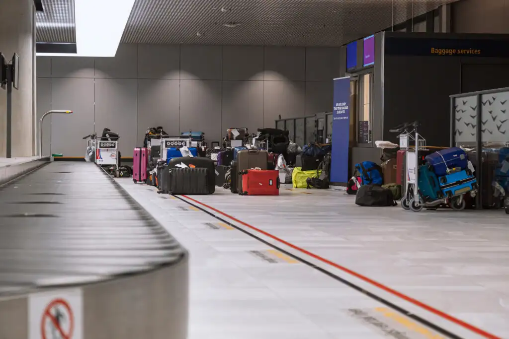 Lost luggage stacked up next to luggage carousel 