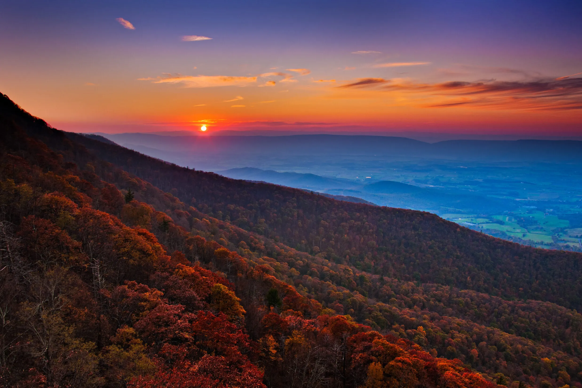 Sunset over fall foliage in Shenandoah Valley, Virginia