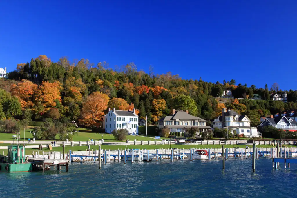 Fall foliage along the water on Mackinac Island, Michigan