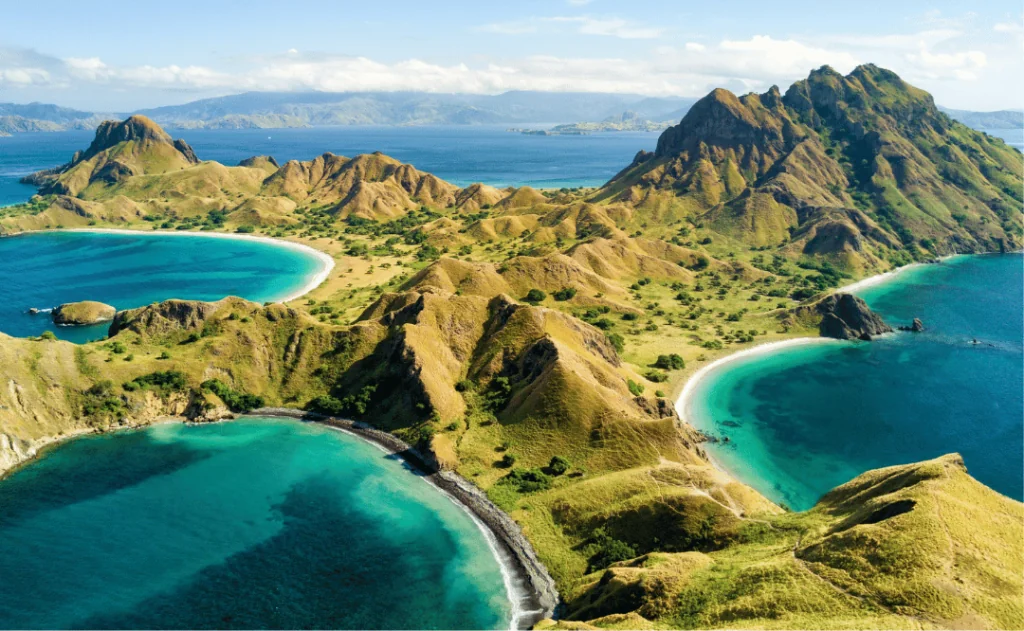 Aerial view of Pulau Padar island in between Komodo and Rinca Islands near Labuan Bajo in Indonesia