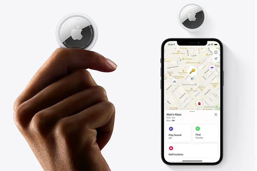Hand holding Apple Air Tag (left) and phone next to Apple Air Tag for size comparison (right)