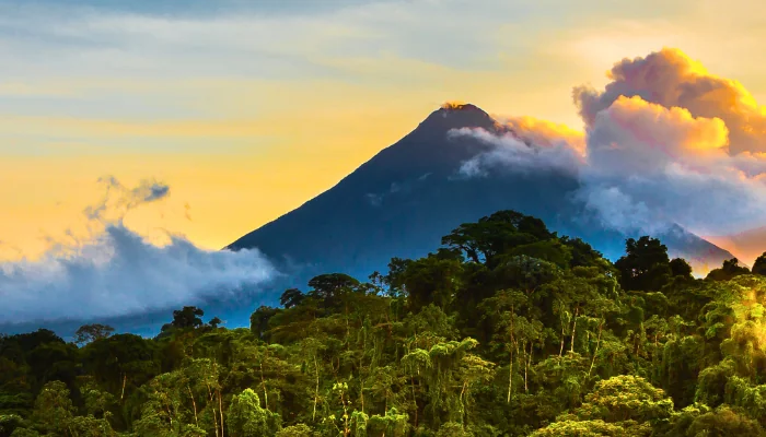 As dusk approaches, Arenal Volcano in Costa Rica