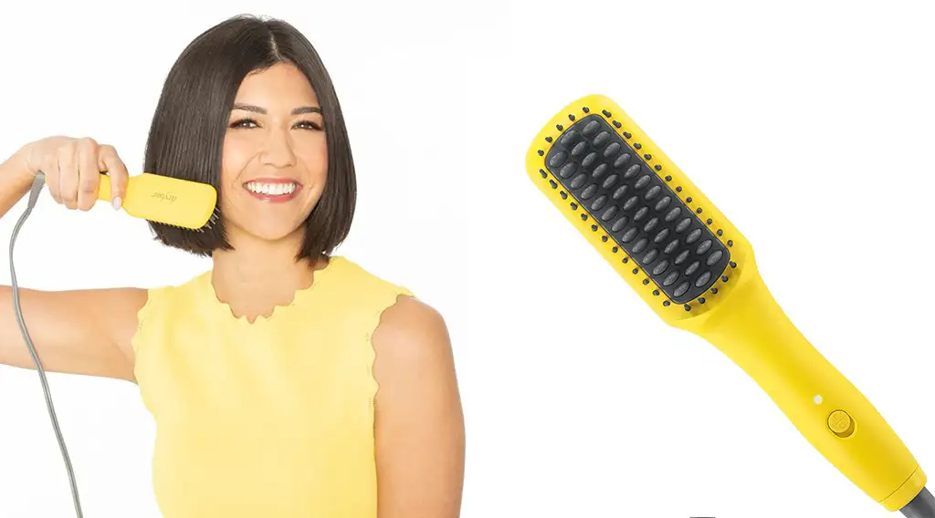 Drybar The Baby Brush Crush Mini, a tiny hair straightener for travel (right) and a model using the tool (left)