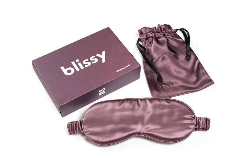 Blissy Mulberry Silk Sleep mask, carrying case, and packaging