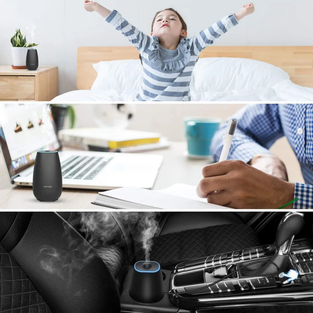 Three instances of people using the SOICARE oil diffuser - in a bedroom, on a desk, and in a car