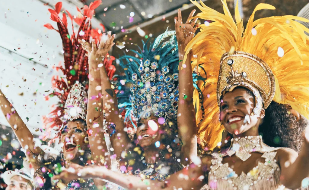 Close up shot of beautiful samba dancers performing at carnival