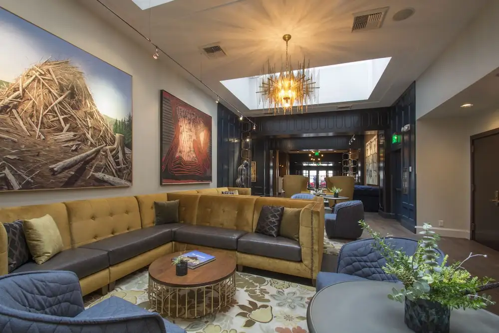 Interior lounge area at the Hotel Lucia, Portland, Oregon