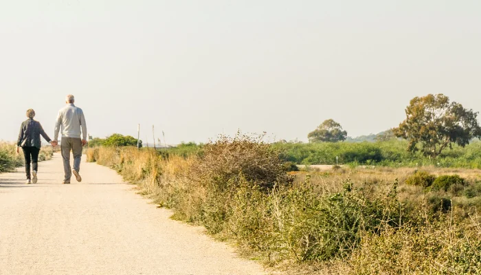 Elderly couple in love walking on a dust road, Portugal