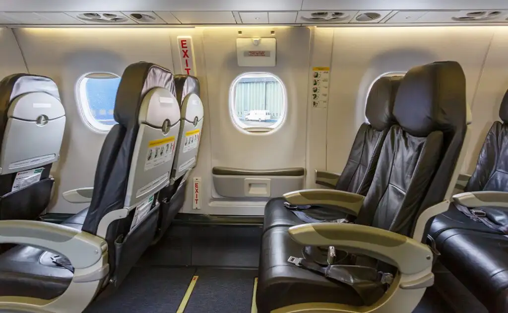 Cabin of a German Airways Embraer 190 airplane Cologne Bonn airport