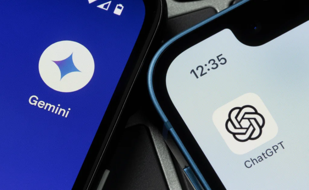 Google Gemini and OpenAI ChatGPT app icons on the screens of a Google Pixel smartphone and an iPhone. 