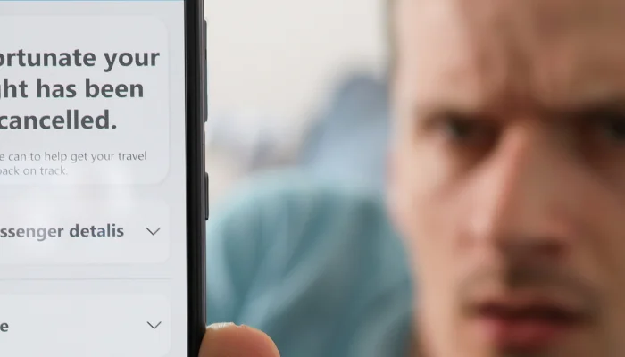 Frustrated man holding phone with flight cancellation notification