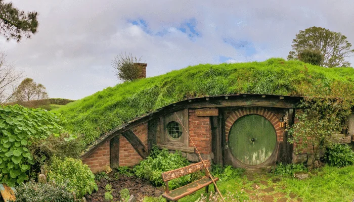 Hobbiton, New Zealand - Panoramic aerial view of Hobbiton Village, the place where hobbits live in their holes