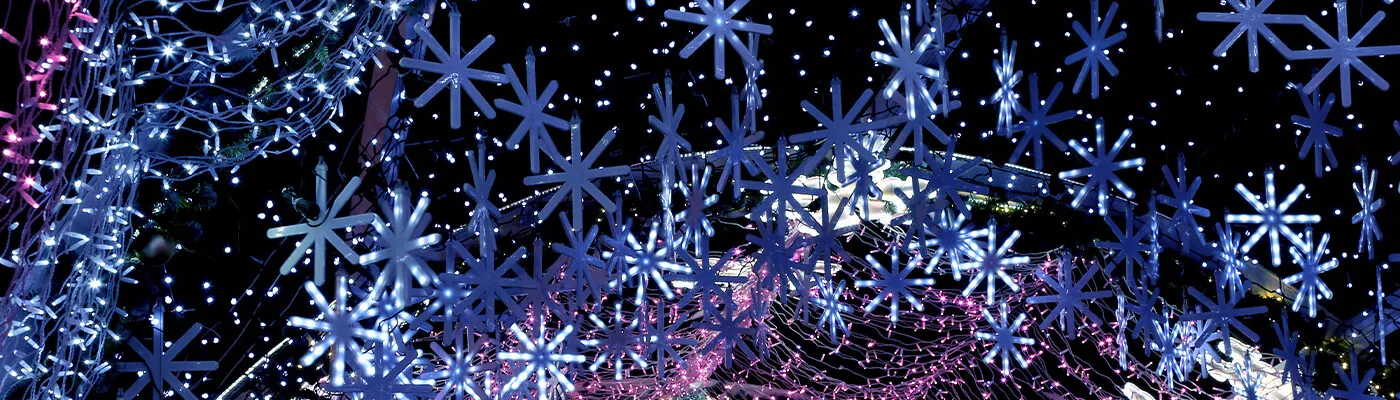 Close up on holiday lights shaped like snowflakes