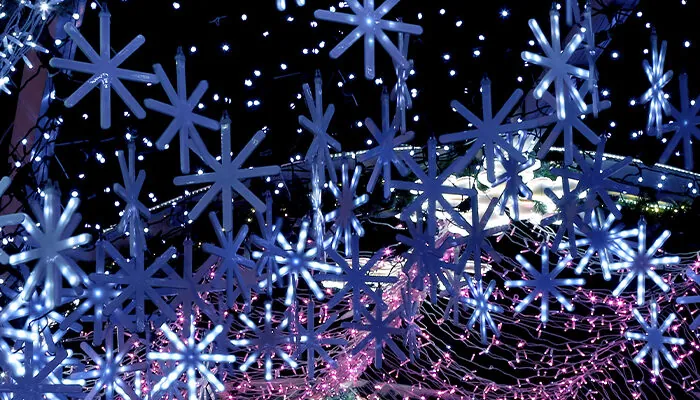 Close up on holiday lights shaped like snowflakes