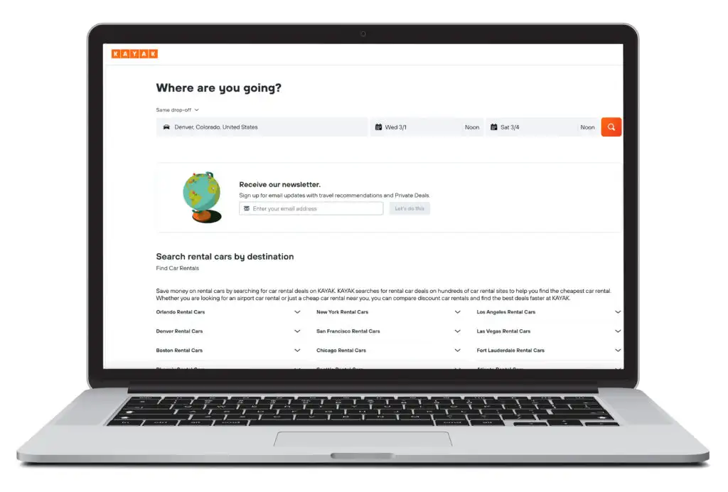 Illustration of laptop showing the car rental homepage of Kayak