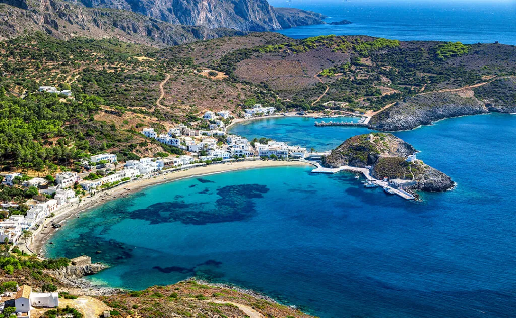 View of Kapsali with the turquoise waters, Kythira island, Greece