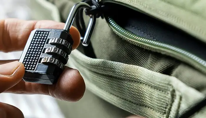 Close up of person locking green suitcase with luggage lock