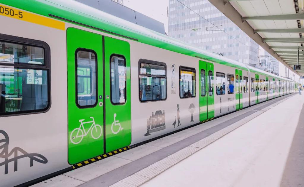 Modern high speed intercity train carries passengers. Public eco electric transport and technology