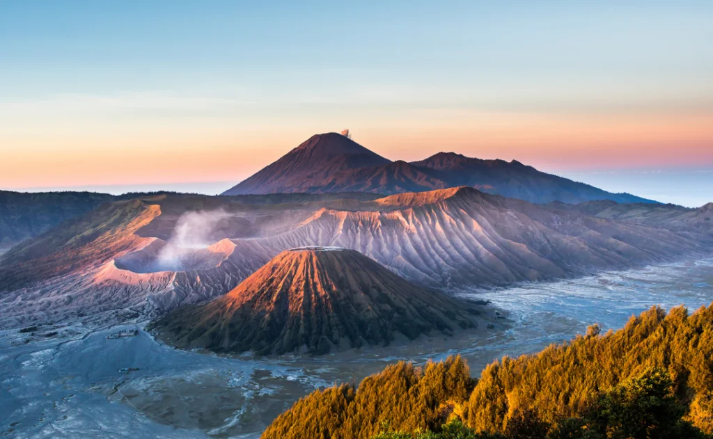 Mount Bromo volcano (Gunung Bromo) during sunrise from viewpoint on Mount Penanjakan, in East Java, Indonesia.