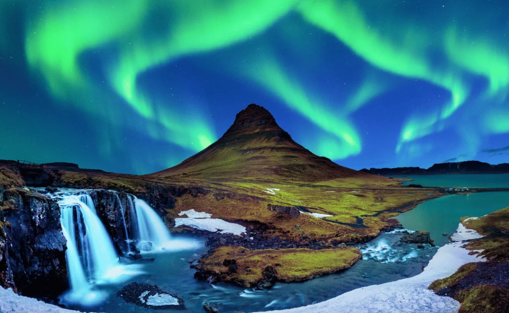 Northern Light, Aurora borealis at Kirkjufell in Iceland. Kirkjufell mountains in winter.