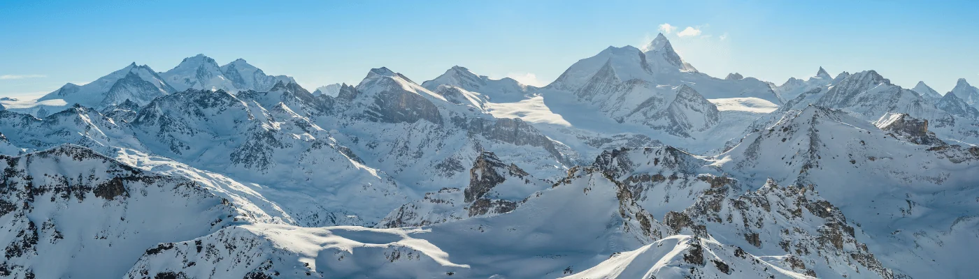 Panorama of the Weisshorn & surrounding mountains in the swiss alps.