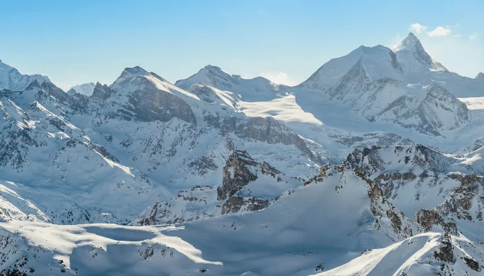 Panorama of the Weisshorn & surrounding mountains in the swiss alps.