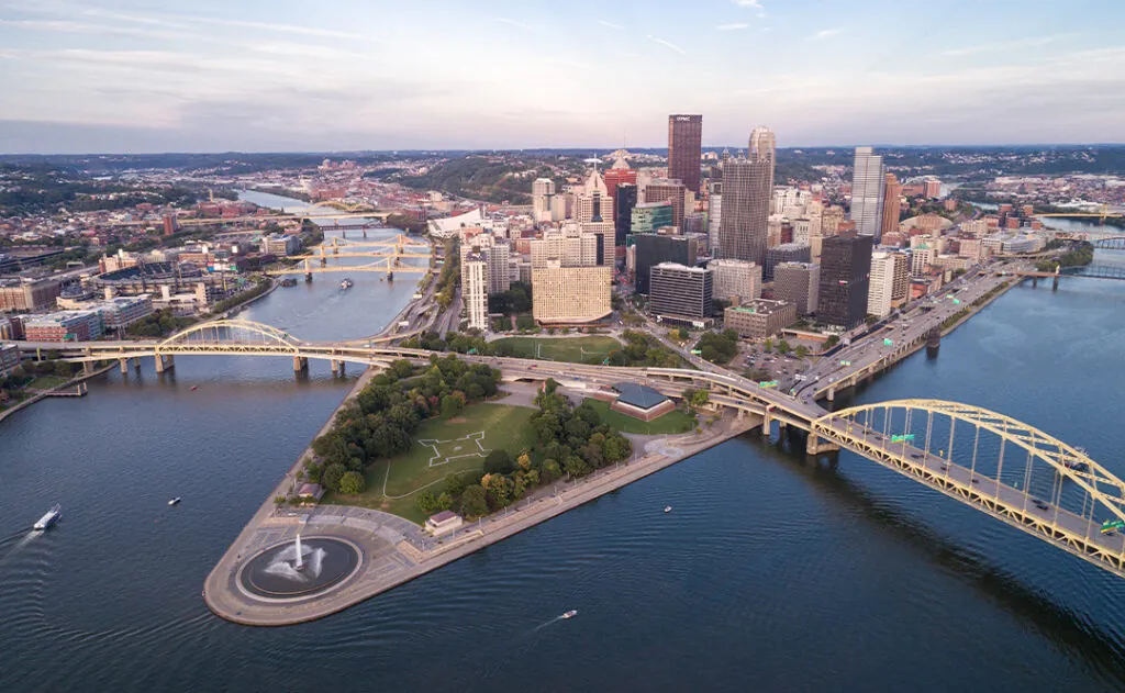 Aerial view of Pittsburgh, Pennsylvania. Business district Point State Park Allegheny Monongahela Ohio rivers in background.