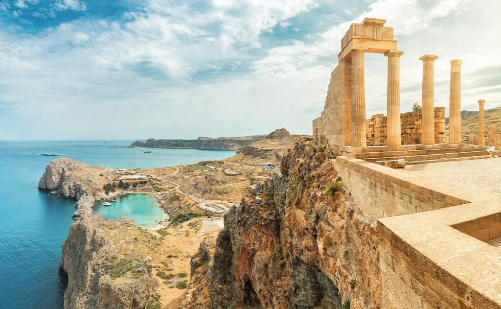 Famous tourist attraction - Acropolis of Lindos. Ancient architecture of Greece. Travel destinations of Rhodes island