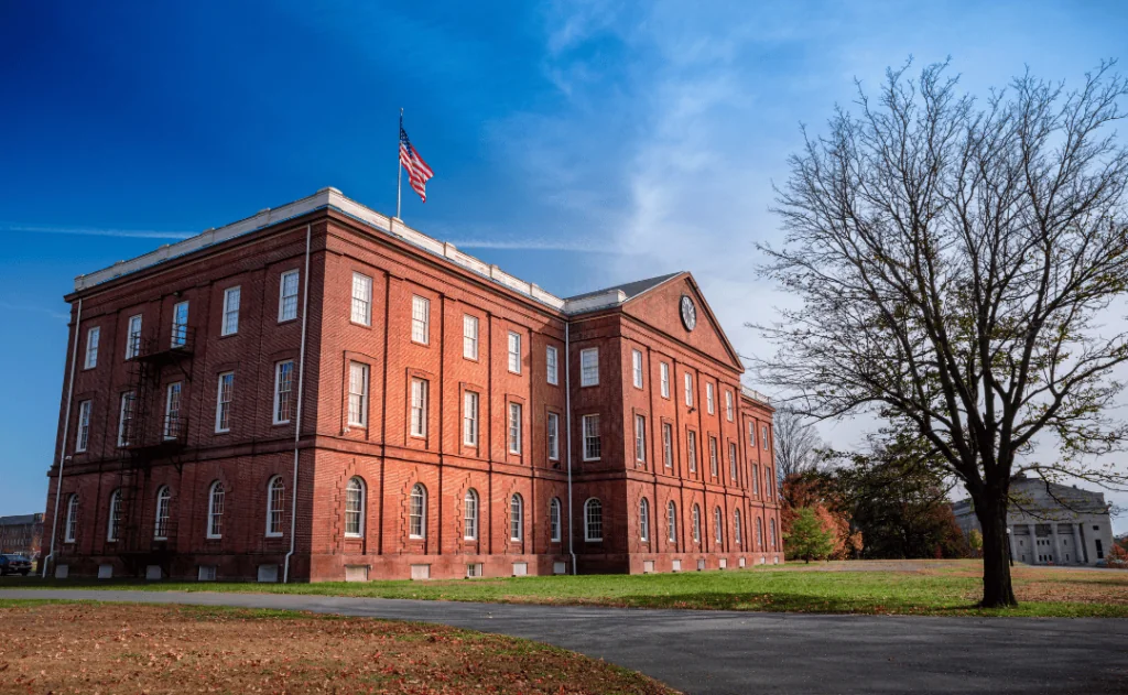 Springfield, MA. Brick structure and clock tower of Springfield Armory National Historic Site managed by park service in western Massachusetts