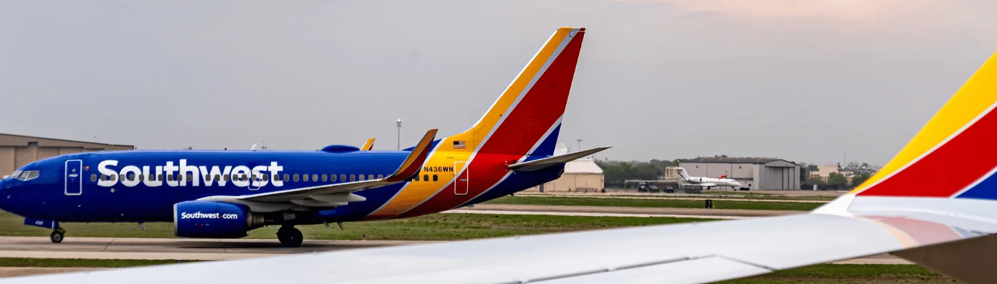 Houston, TX, USA - 03.15.2024 - Southwest Airlines airplanes parked and awaiting departure times during a grounding event for inclement weather