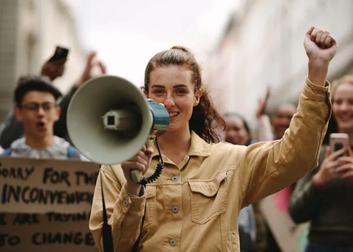 woman with megaphone during a strike