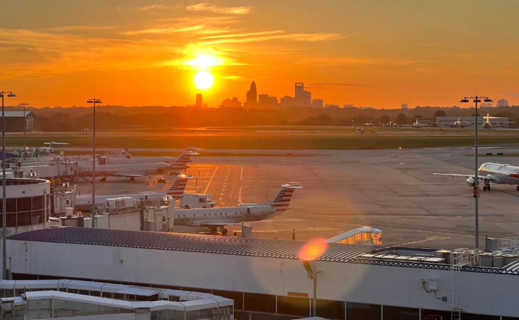 The Charlotte skyline at sunrise as seen from the Charlotte International Airport